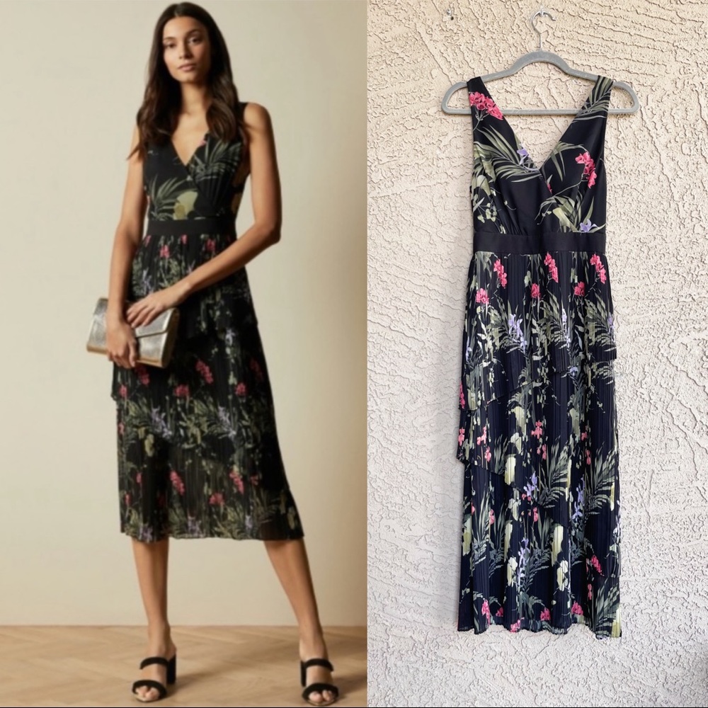 TED BAKER NWT Malinae Highland Tiered Pleated Floral Printed V Neck Midi Dress - Picture 3 of 10